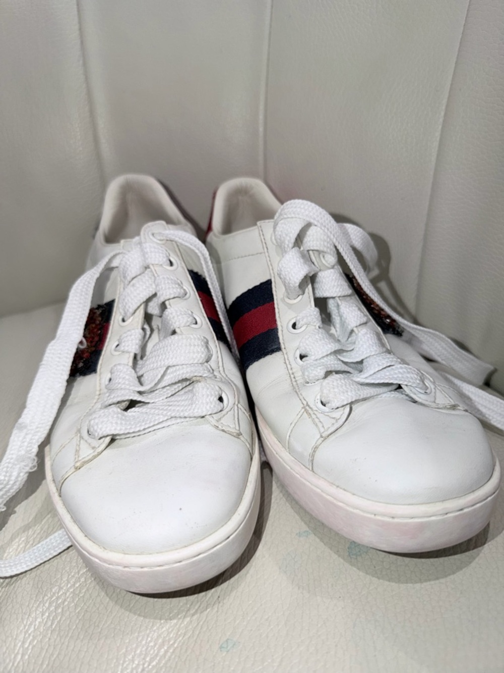 Gucci White Leather Sneakers with Red & Navy Web and Embellishment - Picture 4 of 6